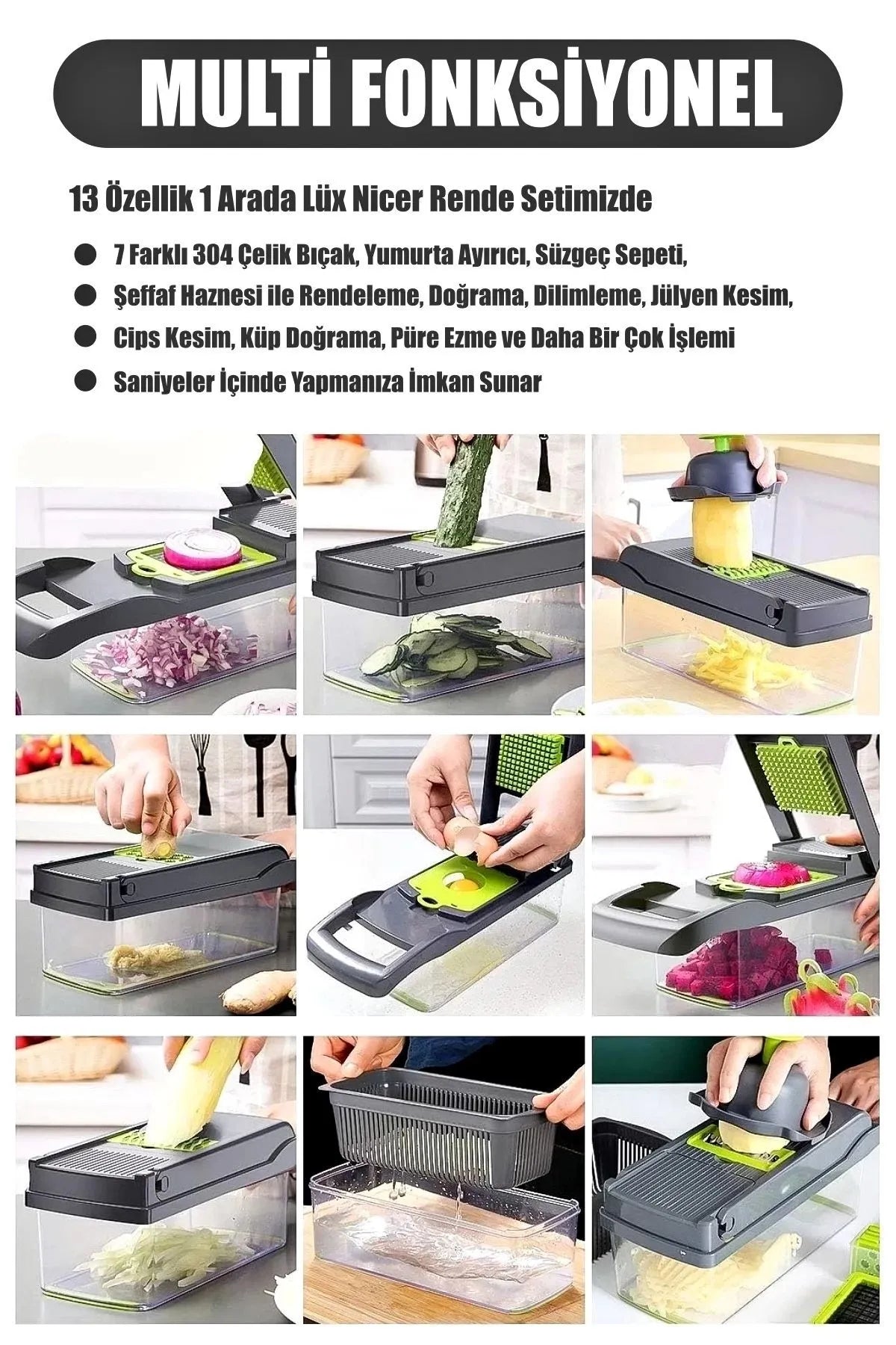 Çok Fonksiyonlu Vegetable Chopper | Patates ve Sebze Doğrayıcı, Rende, Dicer, Jülyen Kesici Mutfak Seti