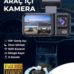 metontech 3 kanallı araç İçi kamera | Ön + arka + İç kamera | 1080p hd, geniş açı, gece görüşü, döngü, wifi